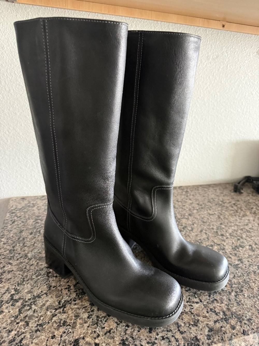 Coach Black Leather Tall Knee High Boots Size 9 Chunky Heel